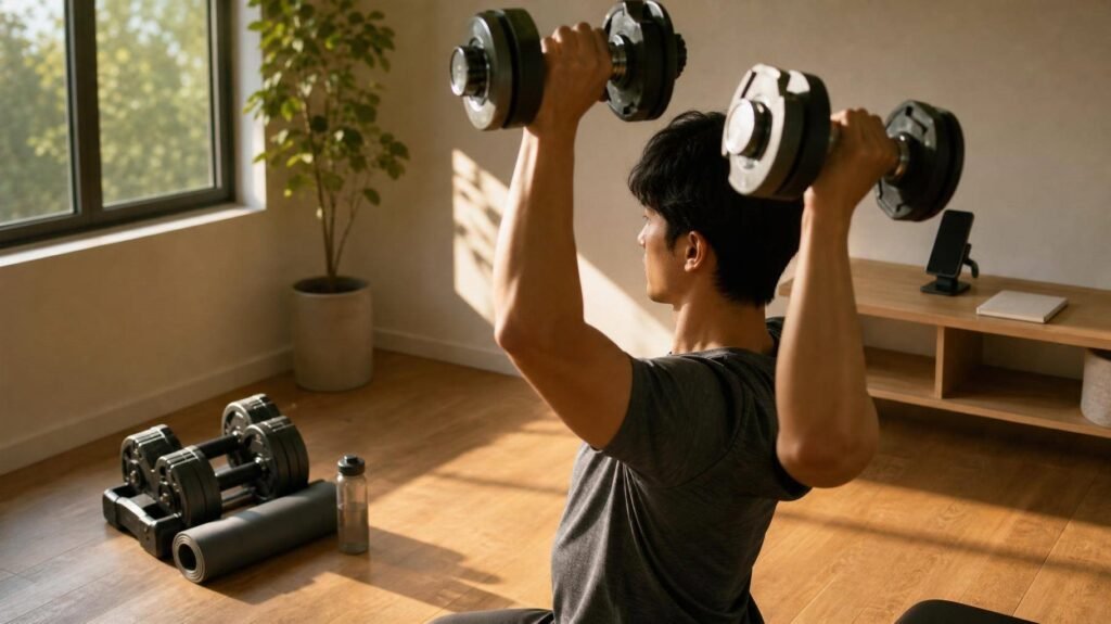 rotina fitness sustentável em casa com halteres