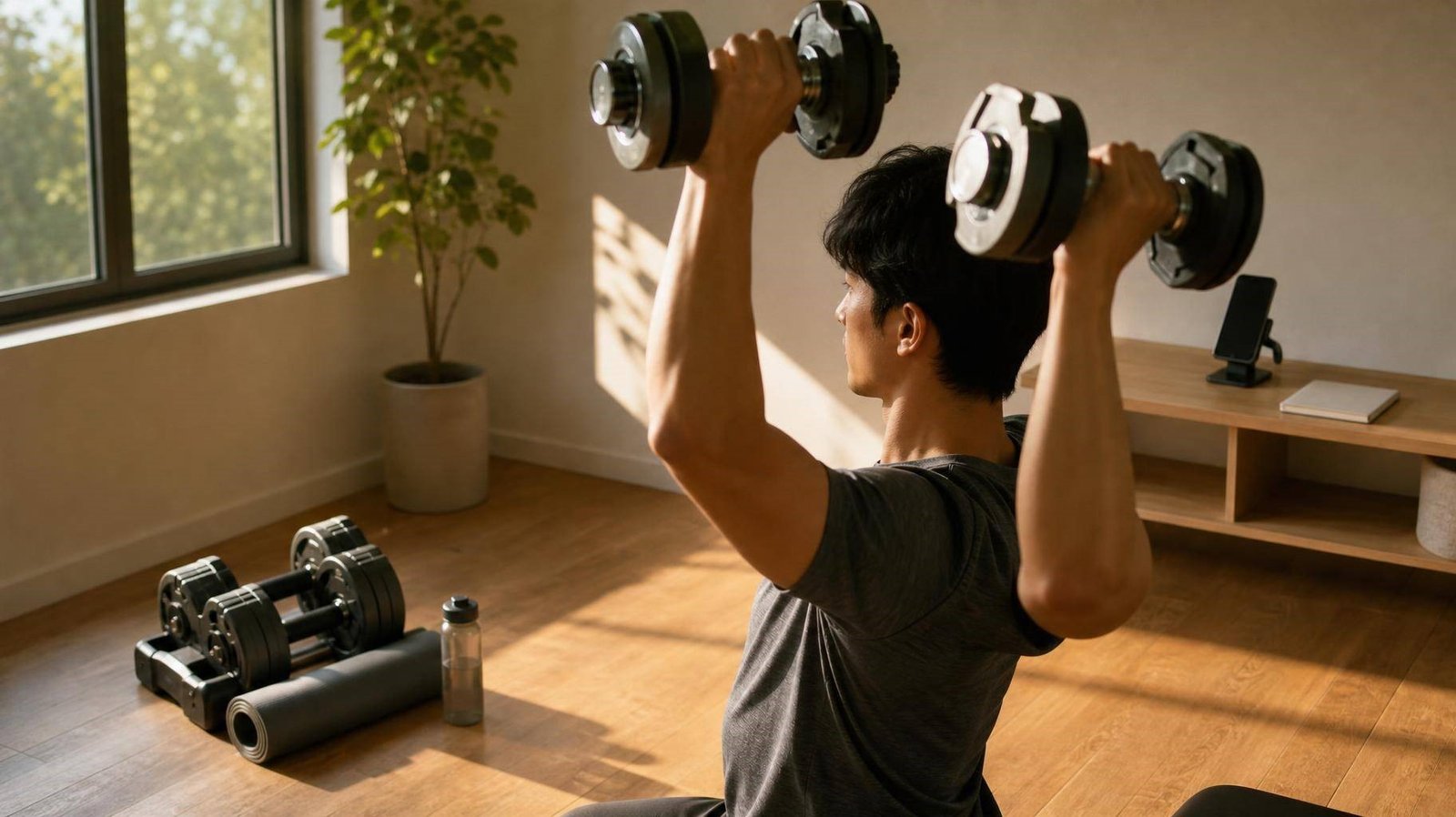 rotina fitness sustentável em casa com halteres
