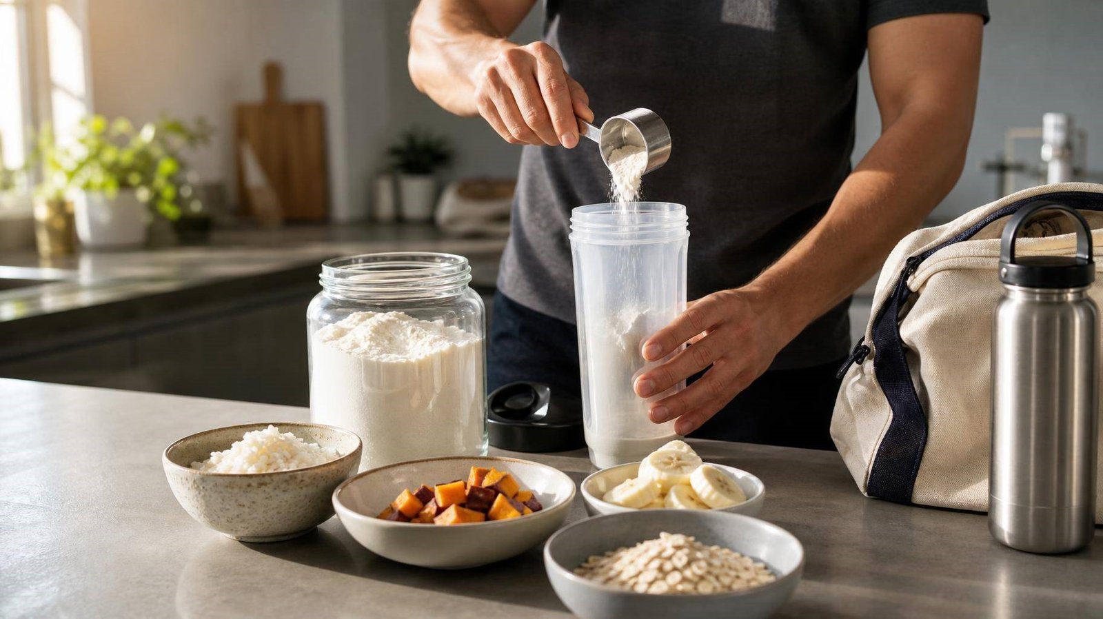 Pessoa preparando maltodextrina e refeições ricas em carboidratos