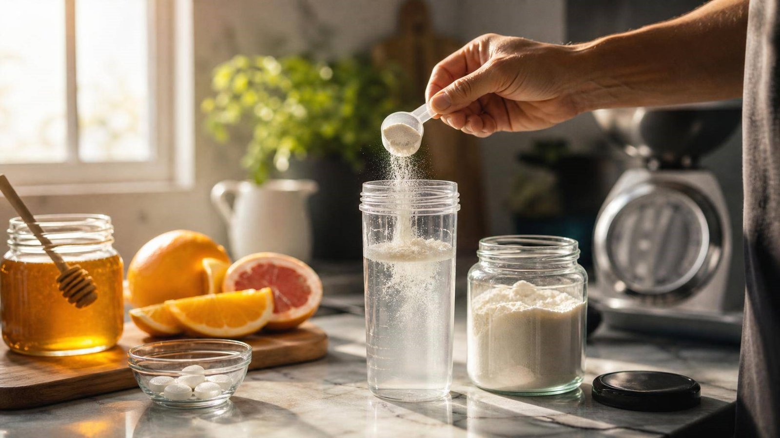 Mistura de maltodextrina em shaker com ingredientes de treino