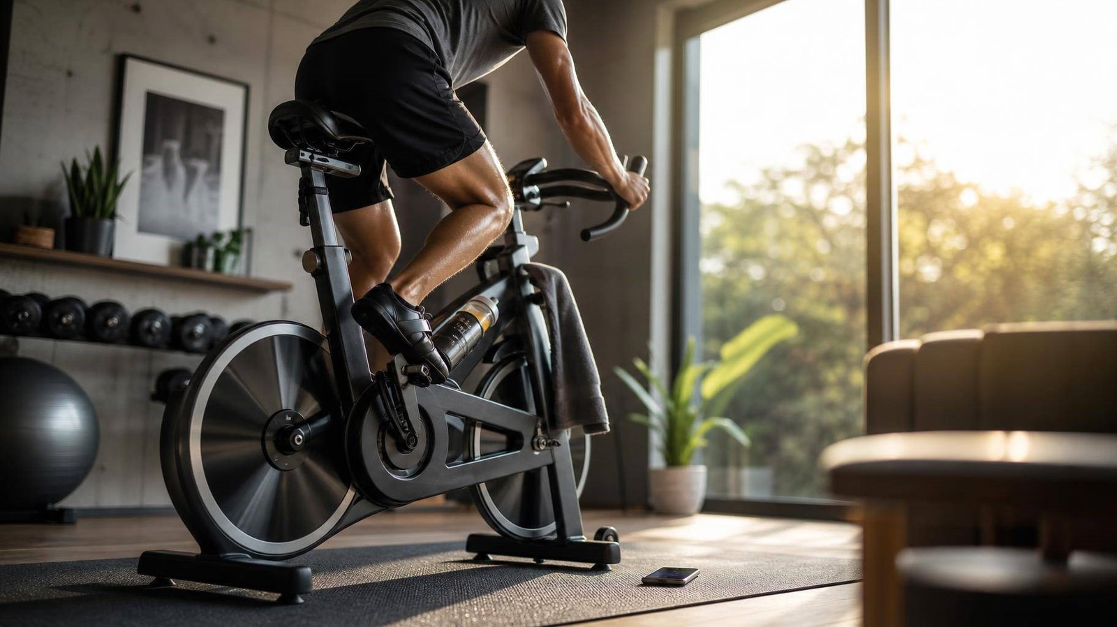 Pessoa treinando em casa em bicicleta ergométrica profissional
