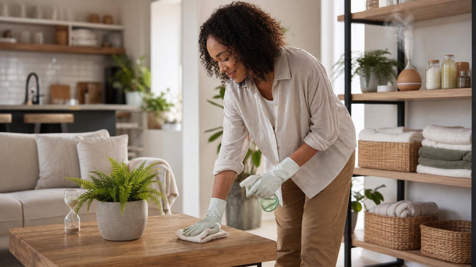 Pessoa limpando mesa com produtos ecológicos em ambiente iluminado